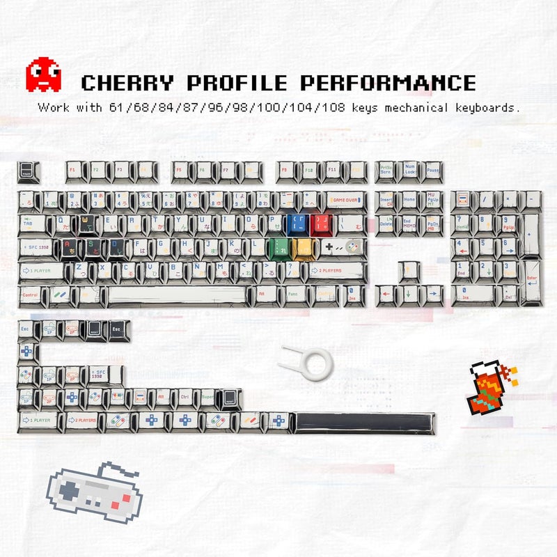 Rainy75 Retro Anime PBT Keycaps-Cherry Keycaps, Custom Keyboard Key caps 60 65 75 100 Percent, 5 Side Dye Sublimation 141 Keys Set for Cherry Gateron MX Switches Keyboards, White (Classic Game Theme) - Image 2